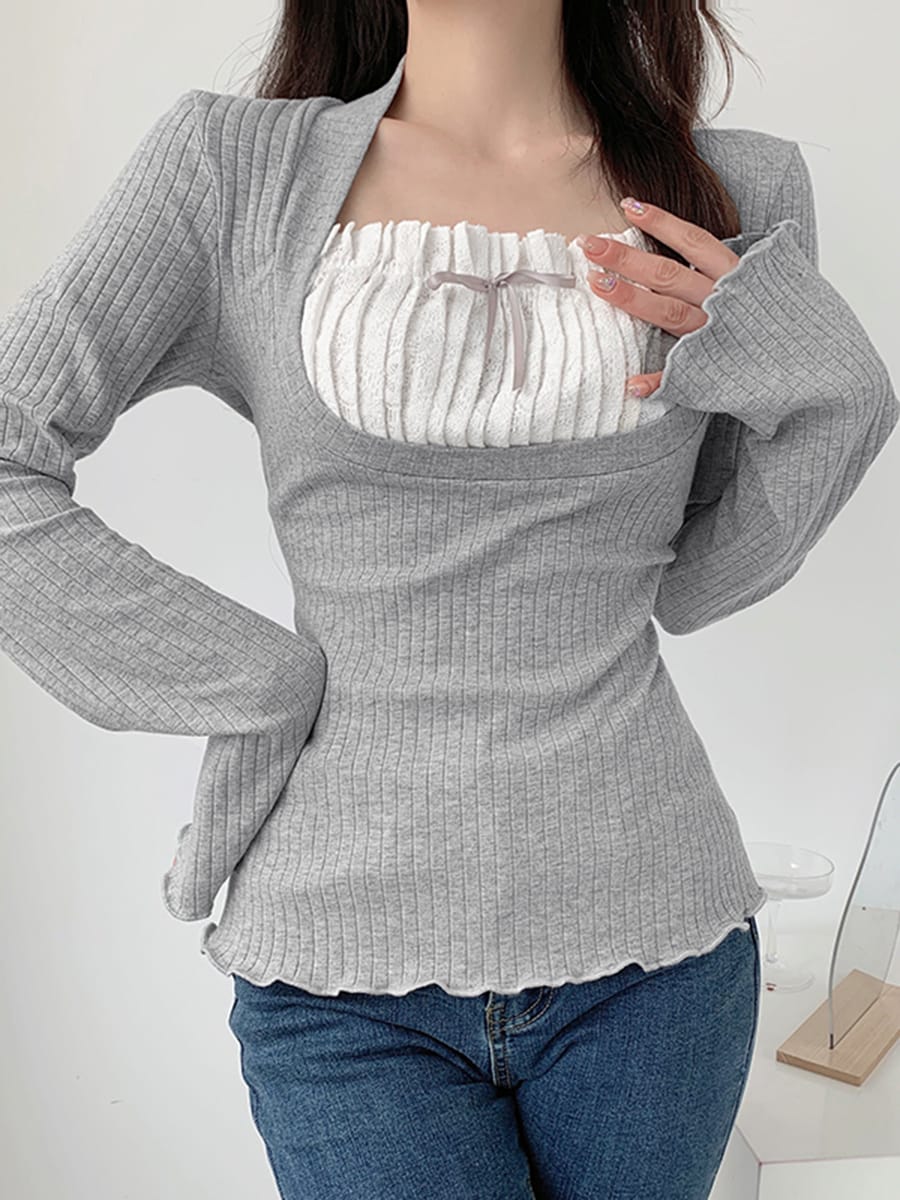 Fashion Women's Tube Top Spring Autumn Slim Tops Gray Long Sleeve Square Neck Contrast Color Women's T-shirt Summer Camis Y2k