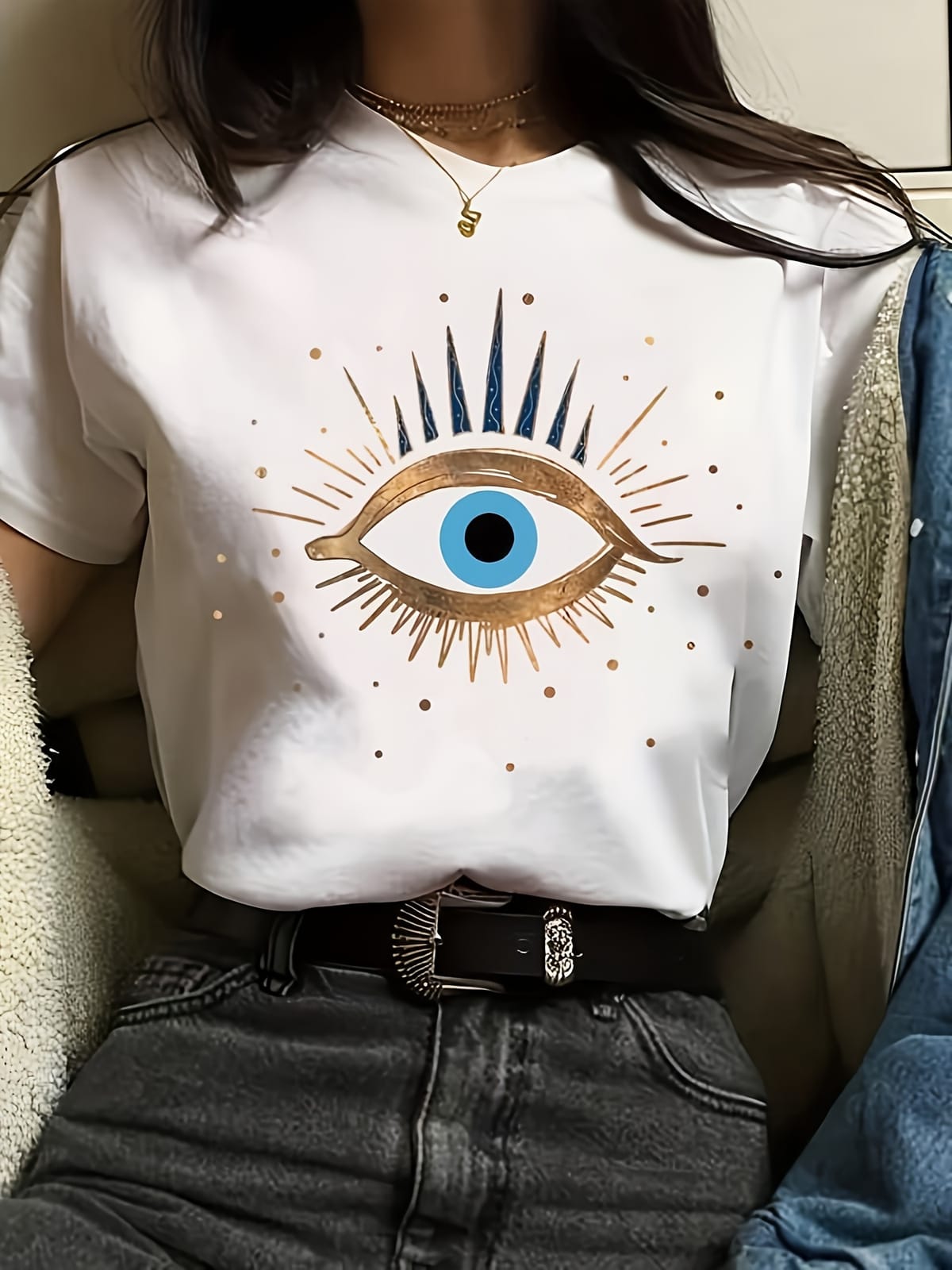 Women's Evil Eye Print T-Shirt - Short Sleeve Casual Top for Summer & Spring