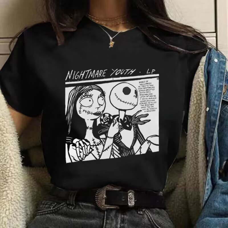 Retro Trendy O-Neck Skull Witch Pattern T-Shirt 90s Women's Fashion Short Sleeved Top Women's Printing Casual Women's T-Shirt.