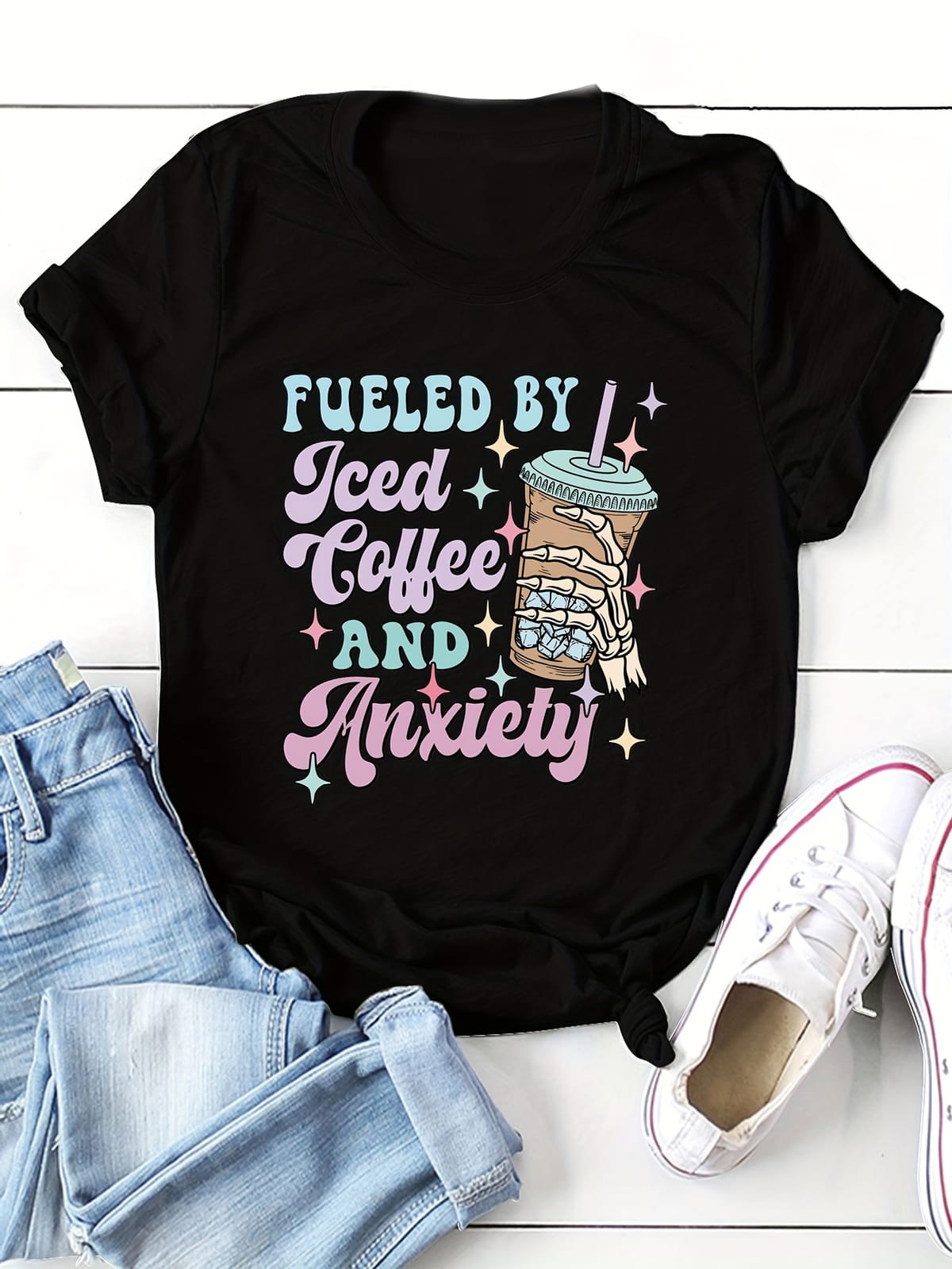 Women's Casual Short Sleeve Letter & Coffee Print Tee - Comfortable Crew Neck T-shirt