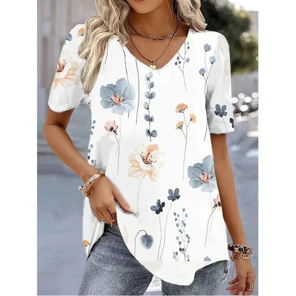 Fashion Women's Shirt T-shirt Women's 3d Floral Print White Kawaii V-neck T-shirt Women's oversized summer Top T-shirt