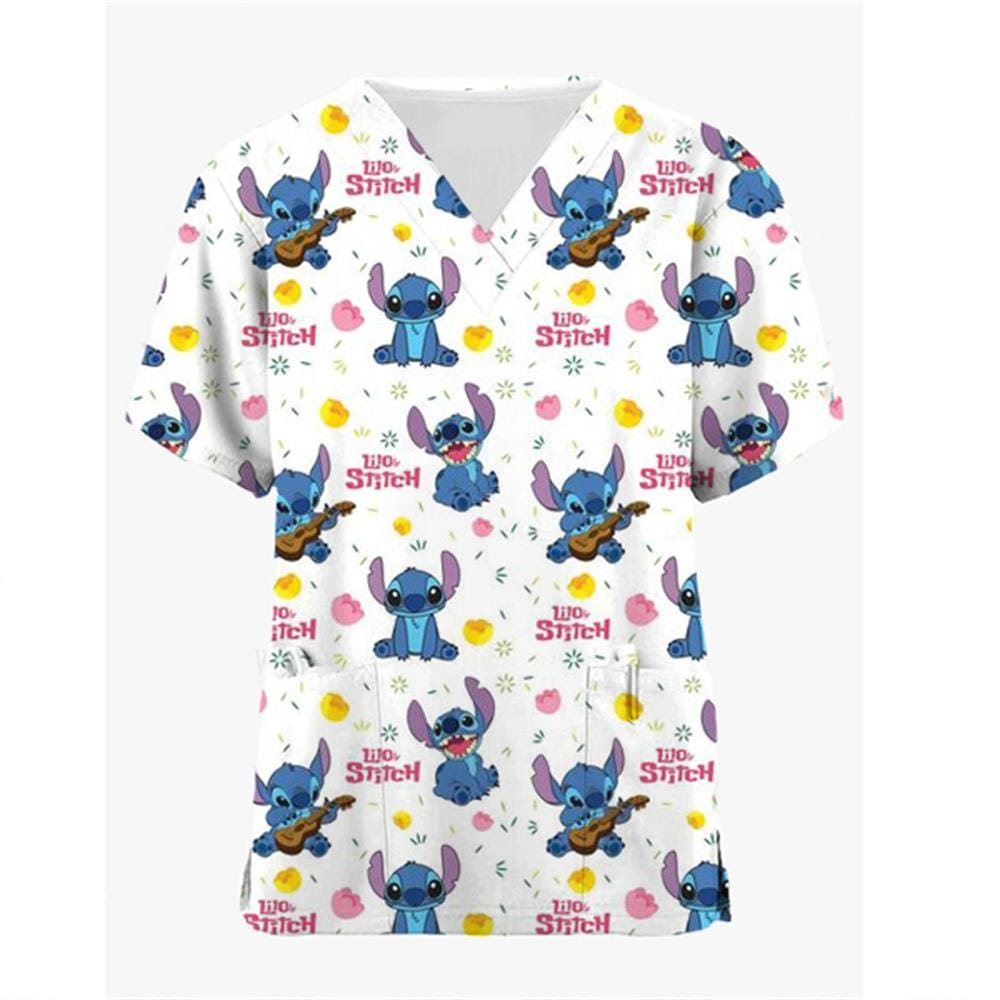 Nurse Uniform Women's Solid Color Disney Stitch Printed Top Uniform Short Sleeve Pocket Medical Female Nurse Uniform