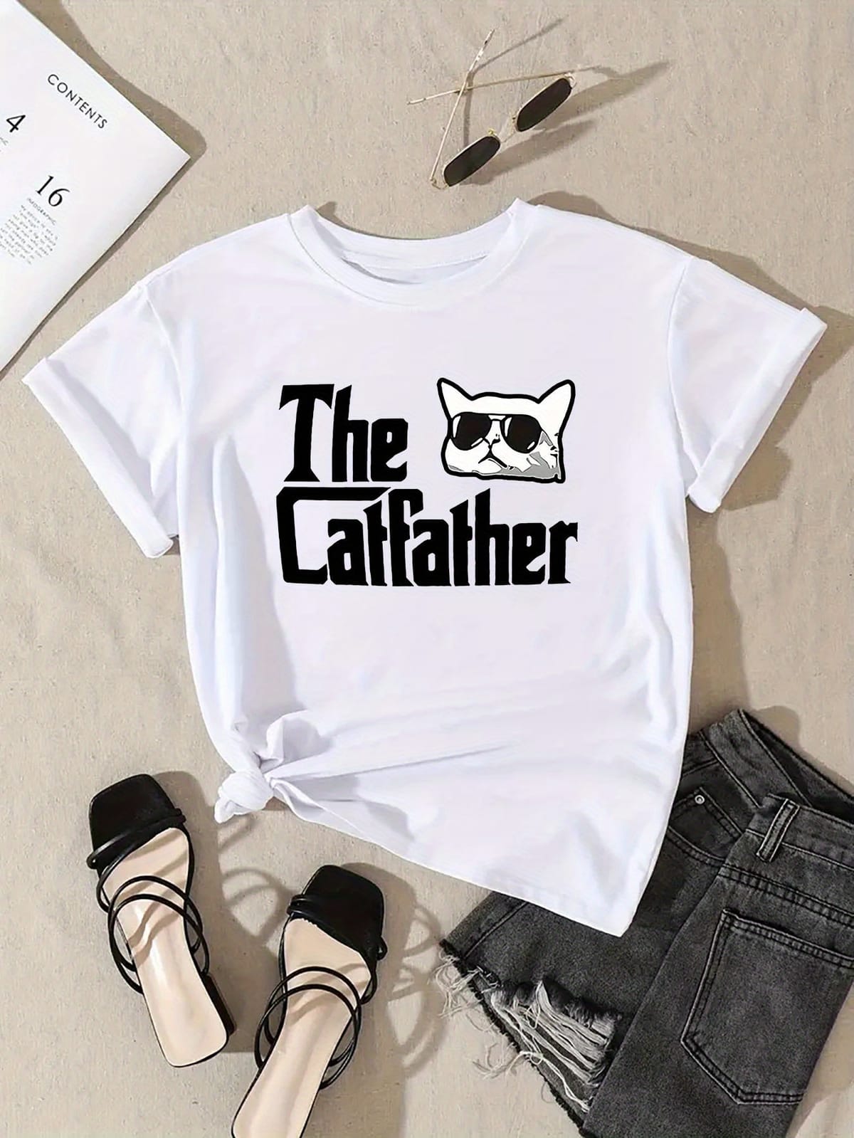 Cat & Letter Graphic Short Sleeve Sports Tee, Round Neck Causal Workout T-shirt, Women's Activewear