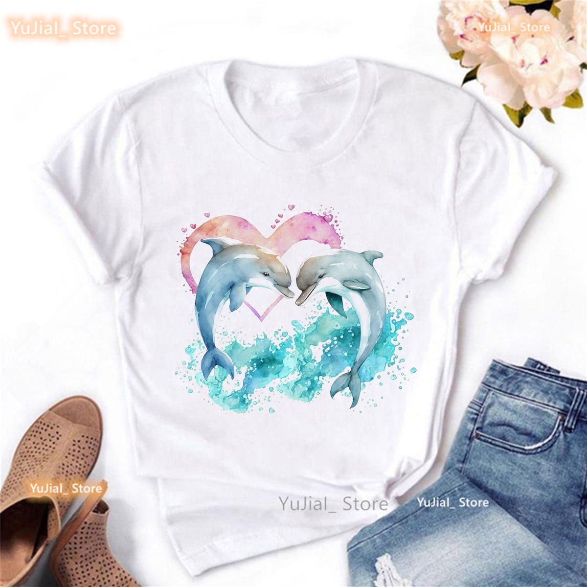 Watercolor Love Dolphin Print Tshirt Women'S Clothing Harajuku Kawaii Clothes Whale Flowers Summer Tops Fashion T Shirt Femme