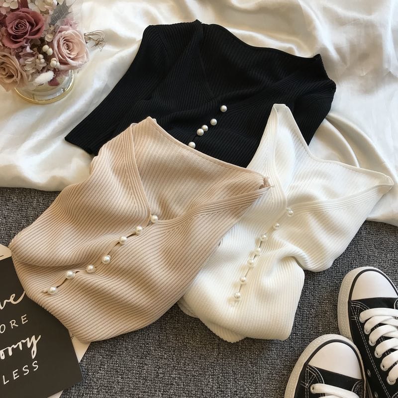Pearl Buttons V-neck Short-sleeved Top Ice Silk Knit Undershirt Women's Underwear Tshirts Thin Striped Short-sleeved Tank Top