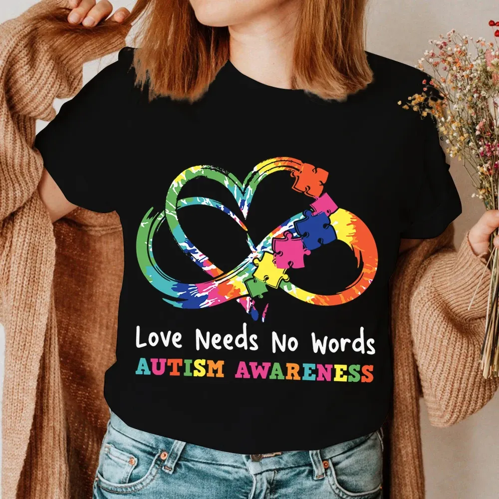 Autism Awareness Fashion T-shirt Summer Tops Love Needs No Words Print Women's Clothing Casual Kawaii Tees Y2k Grunge Clothes