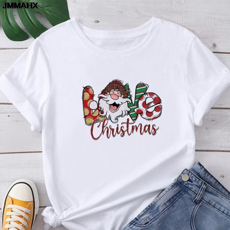 Merry Christmas Printing Women's T-shirt Harajuku Fashion Short Sleeve New Year White T Shirt Casual Comfortable Women Tops Tees