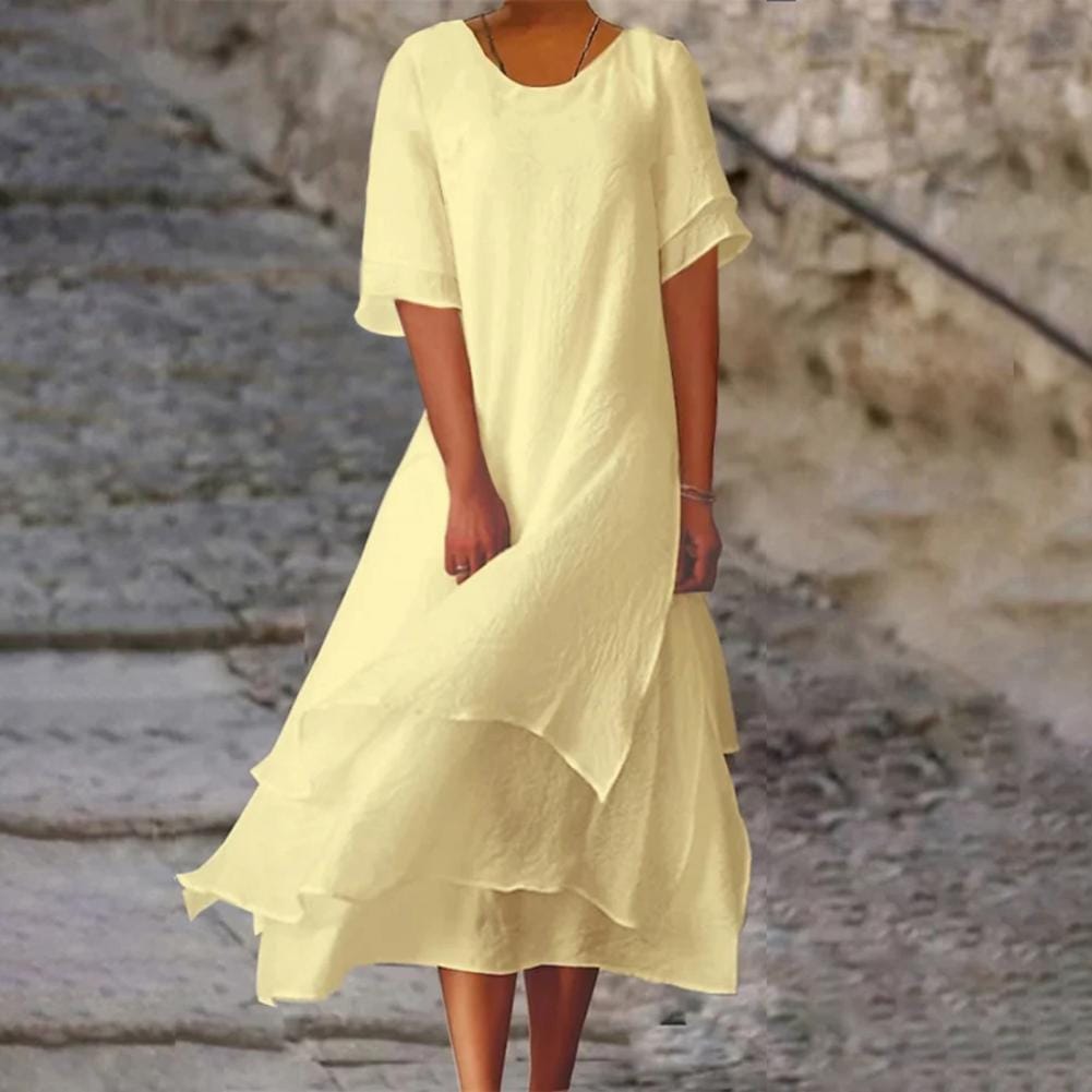 Women Midi Dress Round Neck Short Sleeve Multi-Layered Slit Hem Solid Color Dress Loose Fit Casual Dress Women's Robe 루즈핏 원피스