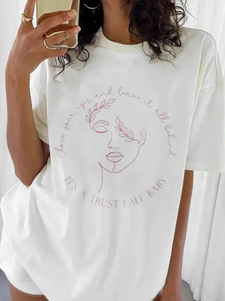 Close Your Eyes and Leave It All Behind Summer T-Shirt Women's Cute Versatile Printed T-Shirt Top Style O-Neck Summer Casual T-S