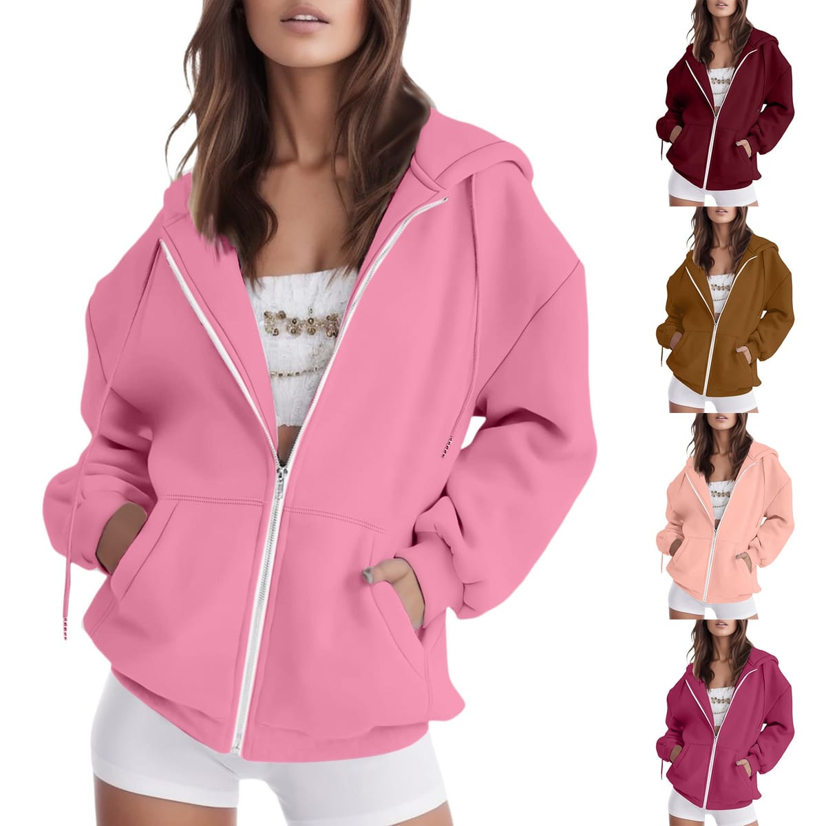 Women's Fashion Sweatshirts Vintage Korean Simple Solid Color Long Sleeve Loose Pullovers Soft Warm Zip Up Hoodies For Women