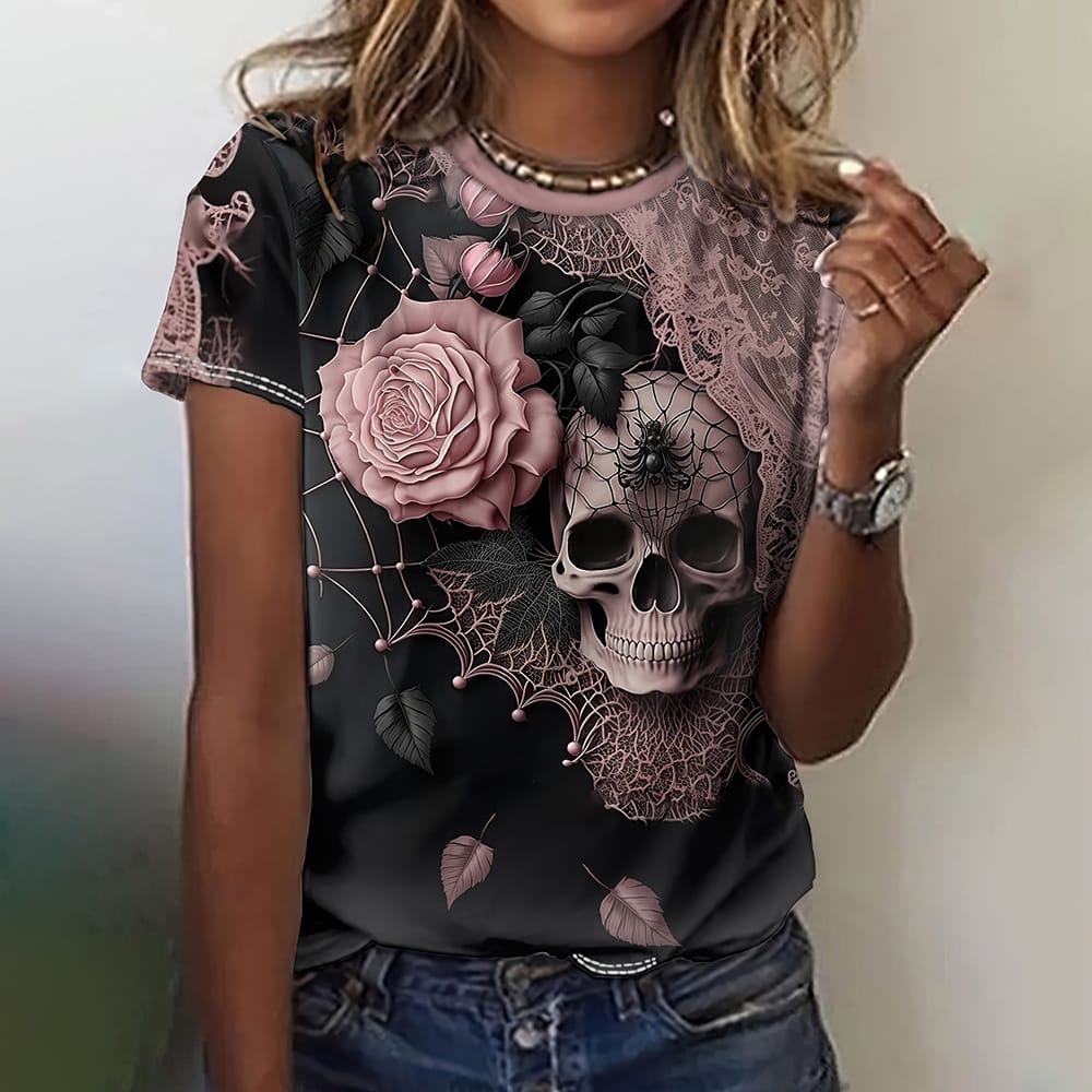 Skull 3d Print T-Shirt 2024 Retro Women's T-Shirts Harajuku Casual Short Sleeve Top Tee O Neck Oversized Female Clothing