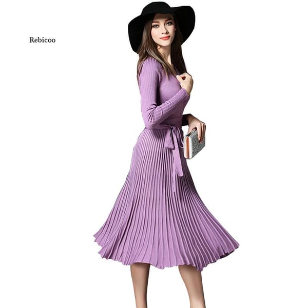 Women's Knitted Pleated V-Neck Midi Dress High Waist Bowtie Lace Up Vintage Ladies Dresses Autumn Fashion Female Vestidos