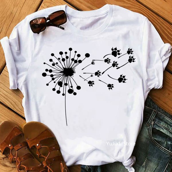 Dandelion Cat'S Claw Print T-Shirt Women'S Clothing Funny White Tshirt Femme Summer Tops Fashion T Shirt Female Harajuku Shirt