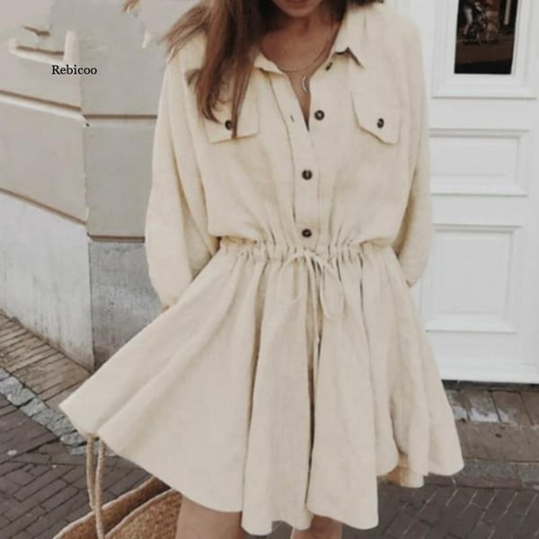 Shirt Dress For Woman Spring Summer Fashion Dresses Casual Lantern Sleeve Buttons Sashes Women's Loose Linen Dresses