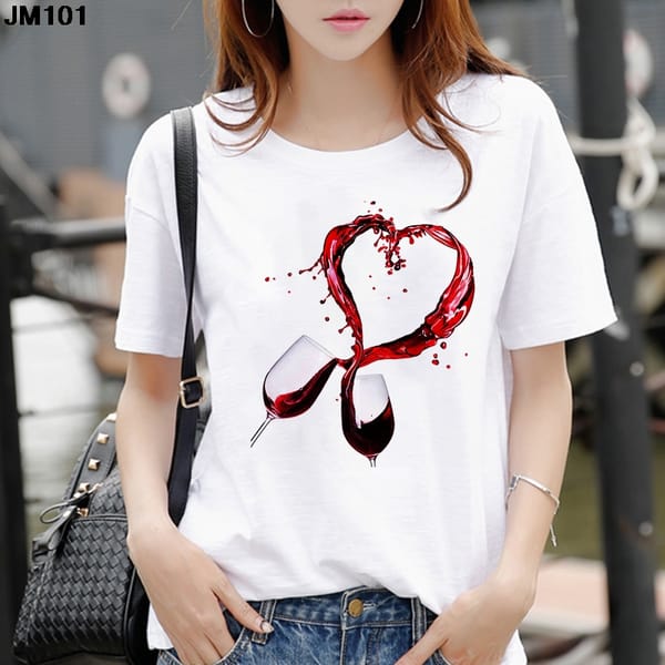 Women's Short Sleeve T-Shirt, Wine Glass, Love, Funny, Printed, Lady Yong Girl Tops, Tees Shirt