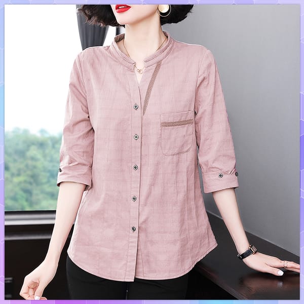 Plus Size Solid Cotton Linen Shirt Three-quarter Sleeves T-shirt  Women's T-shirts 2021 Summer Thin Plaid Top Ladies Large Size