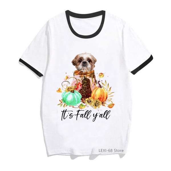 It'S Fall Yall Graphic Print T-Shirt Women'S Clothing Shih Tzu Adorable Puppy Dog Tshirt Femme Thanksgiving T Shirt Female Tops