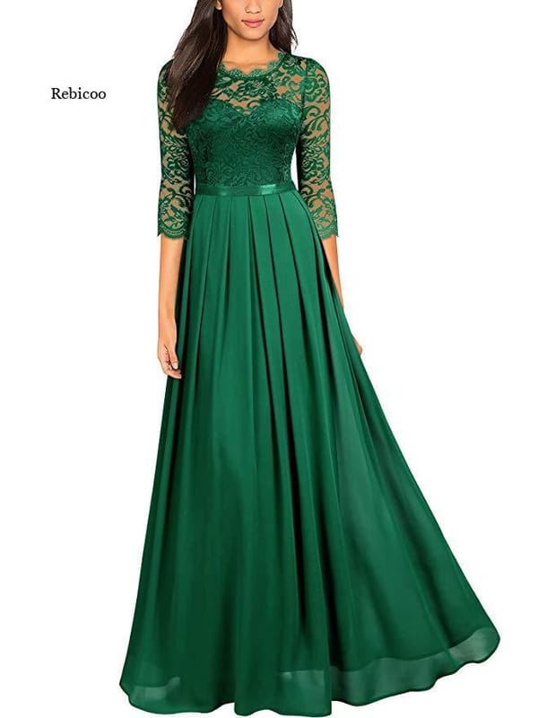 Women's Dress Chiffon Stitching Lace Long Dress Bridesmaid Evening Dress Five-point Sleeve Dress Maxi Dress Ladies Long Dress