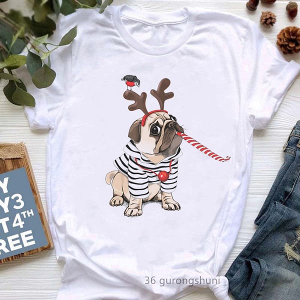 Merry Christmas Pug Dog Animal Print T-Shirt Women'S Clothing Dog Lover Bird Tee Shirt Femme Harajuku Shirt Kawaii Clothes Tops