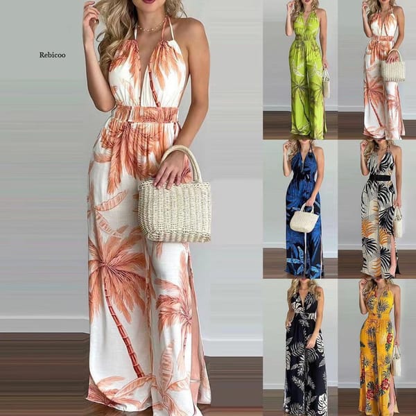 European and American women's dress digital printing colorful Jumpsuit Short Sleeve Wide Leg Loose Jumpsuit