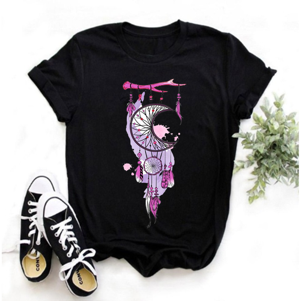 Women's Wind Chime Printed T-shirt Casual Retro Harajuku Collar T-shirt Fashion Ladies Clothing