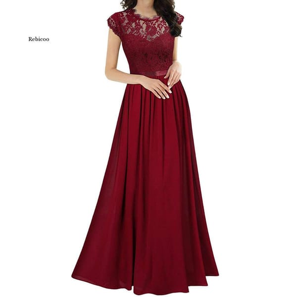 Women's Elegant Vintage Floral Lace Hollow out Chiffon Long Evening Party Dress Formal Maxi Dresses