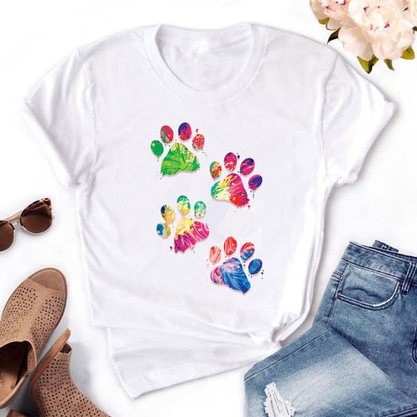 Cartoons Footprint Print Women t shirts Summer Loose Sleeve O-Neck TShirt Tops 5 colors Women's T-shirt