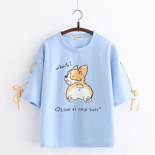 SzBlaZe Women's Korean Style corgi Ass print T Shirt short-sleeved cotton loose Funny T-shirt Cute Kawaii Girls Top Clothes