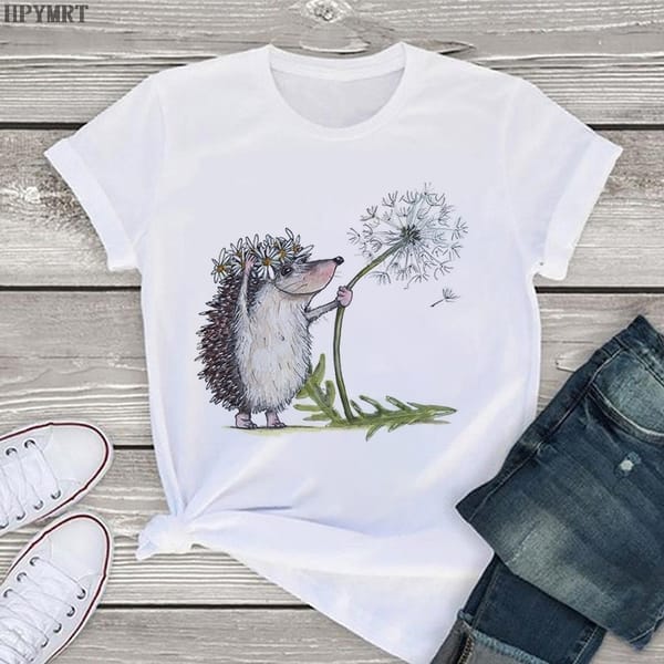 Hedgehog and dandelion printed female T-shirt Harajuku women's tops T shirt fashion casual short-sleeved Tshirt Femme Streetwear
