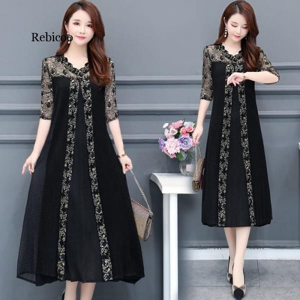 Women's Long Dress women Summer Temperament Loose Five-point Sleeves Lace Print V-neck Dress Large Size black party dress