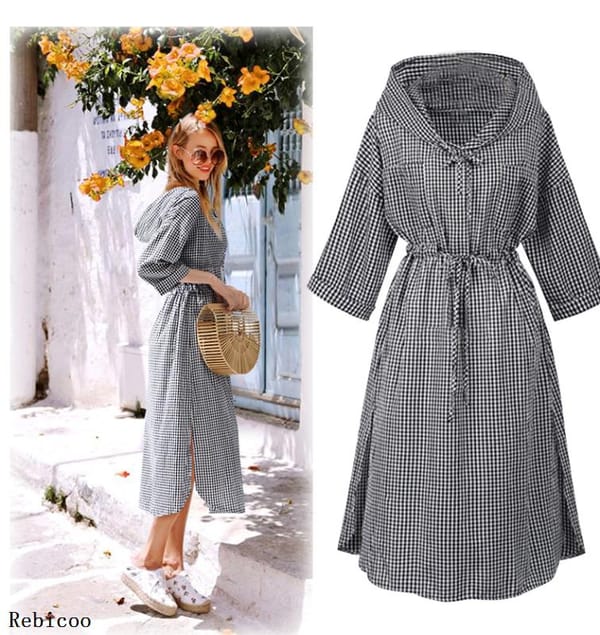 Women's Autumn Sundress Fashion Check Hooded Dress Vintage Long Sleeve Plaid Vestidos Oversized Robe Hoodies Dress