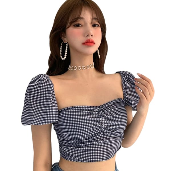 Women's Square Collar Short Sleeve T-shirt Plaid Print Top Fashion Sweet Ruffles Puff Sleeves T Shirt