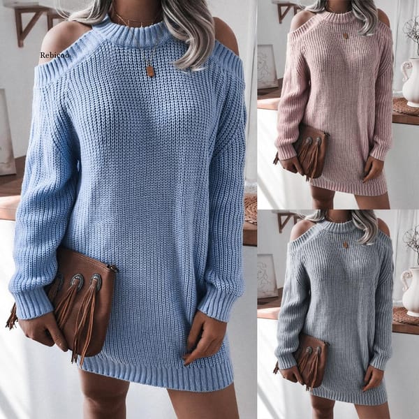Knitwear Women's Dress Sweater  Autumn and Winter New Casual Mid Length O neck Off Shoulder Dress Female Solid Color