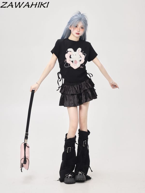 Sweet Women's T-shirts Kawaii Japanese Drawstring Mujer Camisetas Flocking Preppy Cute Crop Tops Slim Casual Korean Top Female