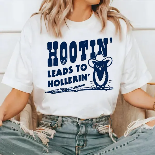 Hootin Leads To Hollerin Meme Printed Casual Watercolor Cartoon Short Sleeve Women's Fashion Style Top Plus Size Printed T-Shirt