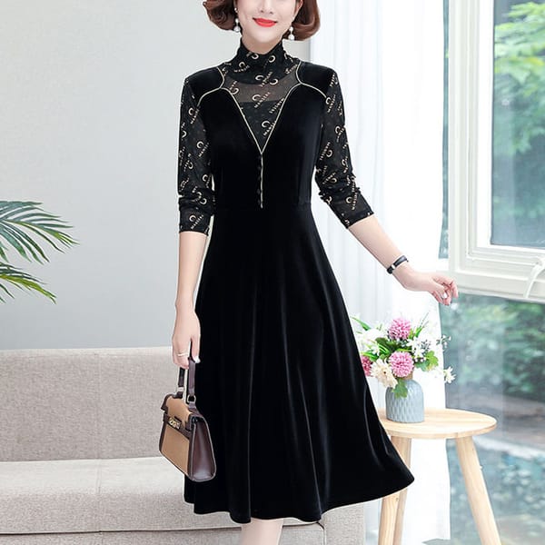 Spring Women's Gold Velvet Fake Two-piece High Neck Printed Lace Long Sleeved Dress Autumn Elegant and Comfortable Dress