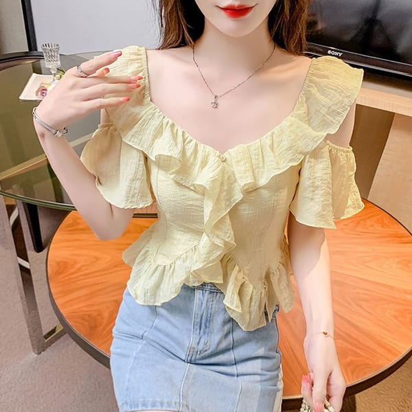 Women's 2024 Summer New V-Neck Spliced Button Fashion Solid Color Slim Minimalist Comfortable Casual Short Sleeve Blouses Shirts