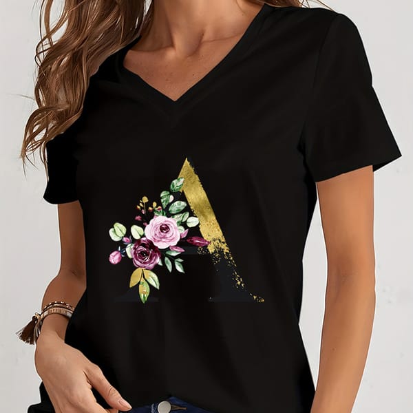 Women's Clothing Pink Flower Alphabet Letter Print T-shirt Female 26 Initials Flower Graphic T-shirt Women Alphabet Classic Tops