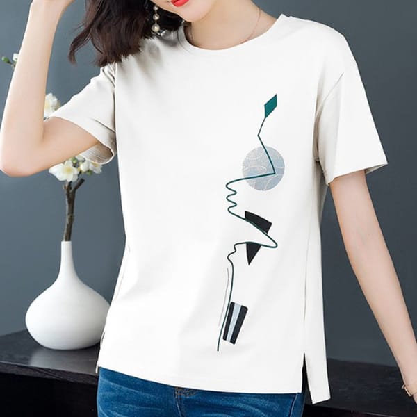 Casual Women's Fashion Print T-Shirt Short Sleeve Round Neck Women Tee Shirt Solid Color Fashion Top Tee Streetwear Ladies Tops