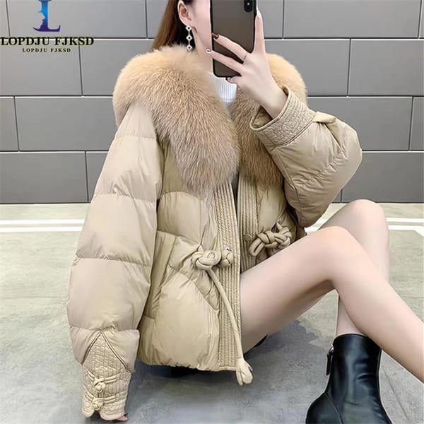 Women's Faux Fox Fur Collar Coat, White Duck Down Jacket, Casual Parkas, Oversize Female Clothing, New ,Fashion, Winter,2024