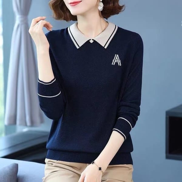 2023 Autumn and Winter New Versatile Casual Women's Clothing Fashion Letter Printing Doll Neck Long Sleeve Solid Color Pullover