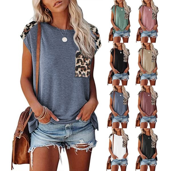 Spring/Summer Round Neck Panel Leopard Pattern Pocket Raglan Sleeve Casual T-shirt Women's Top