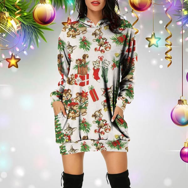 2023 New Hoodies Pullovers Christmas Animal Printed Hooded Long Sleeve Mid Length Clothing Tops With Pockets Xmas Mini Dresses