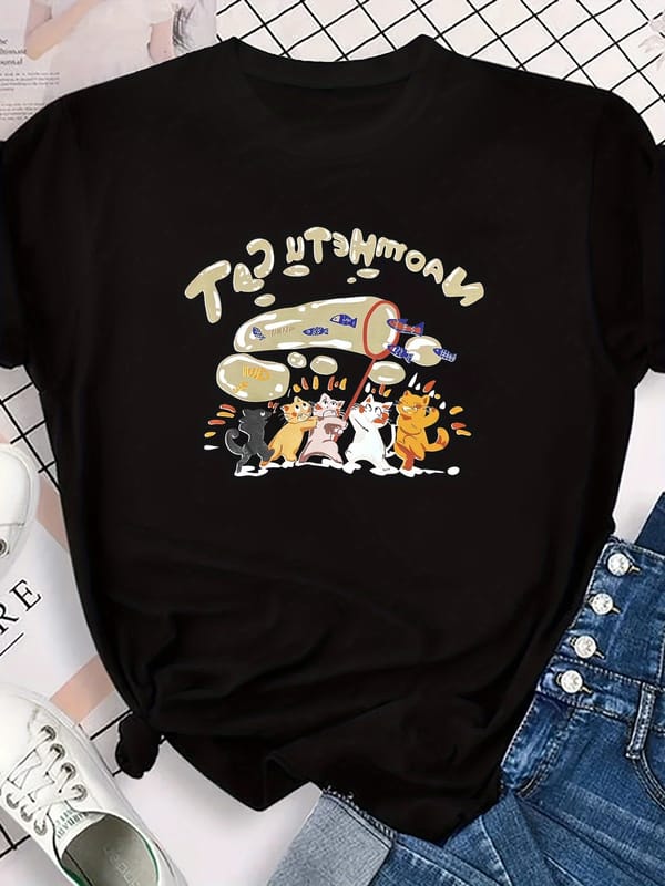 Kitten Print Crew Neck T-Shirt, Casual Short Sleeve T-Shirt For Spring & Summer, Women's Clothing