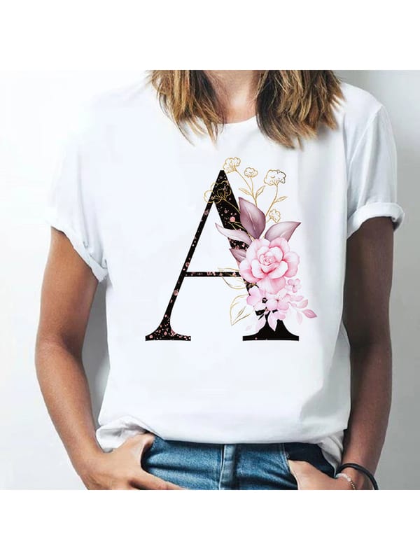 Custom Name Letter Combination Women's High Quality Printing T-shirt Flower Letter Woman Harajuku T-Shirt Girl Summer Tee Top