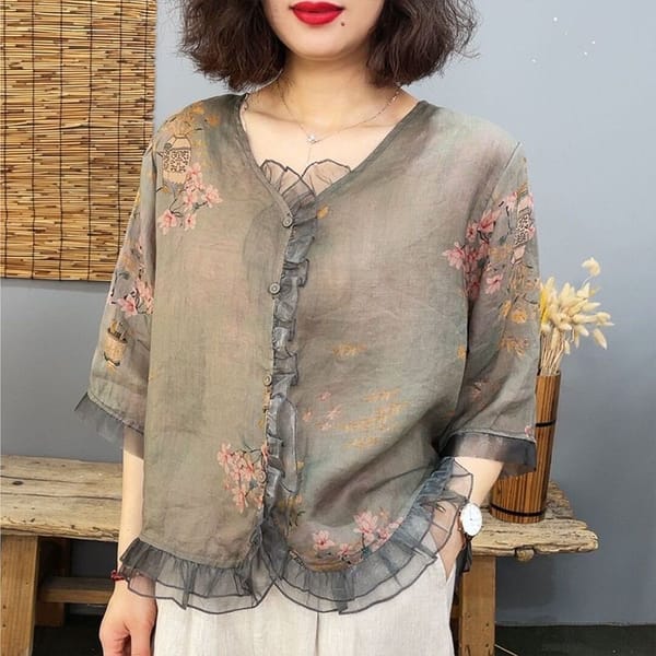 Ramie Printed Shirt for Women's 2024 Summer New Pullover V-neck Ruffled Edge Vintage Cotton and Linen Casual Versatile Linen Top