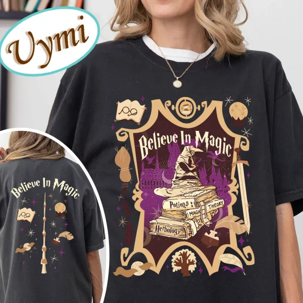 Double Sided Wizard Castle Book Shirt Believe in Magic Aesthetic T Shirt Wizard Cap Bookish Printed Tee Trendy Women's Tee Y2K T