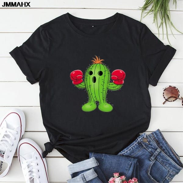 Women's Harajuku Pattern Tees Shirt Fashion Cactus Printed T-shirt Femme Short Sleeve Woman T Shirt Female Clothing Black Tshirt