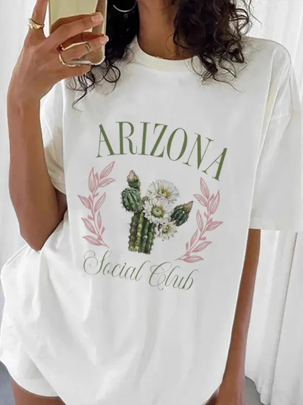 Arizona Letter Print Top Short Sleeved Women's Trendy Pattern Print 2024 New Fun Summer O-Neck Style Casual Versatile T-Shirt.