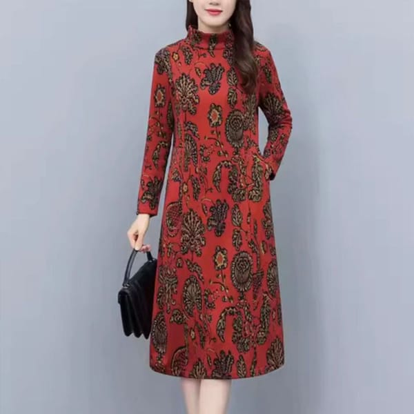 Winter Noble Women's Dress Fashionable Printed Half High Neck Long Sleeves Loose and Comfortable Casual Commuting Long Dress